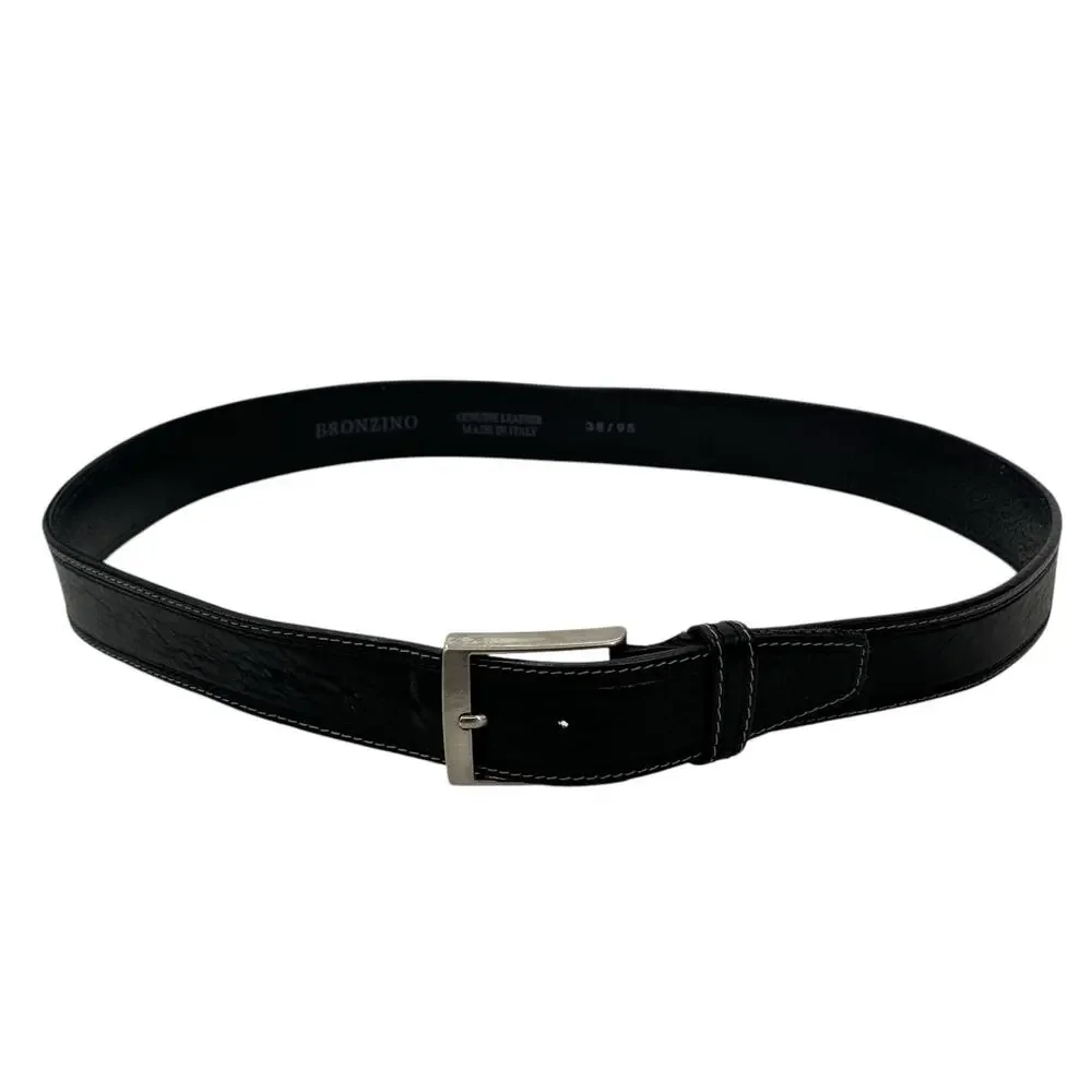 Bronzino Leather Buckle Belt Men's 38 Black Italy Luxe Polished Office Classic